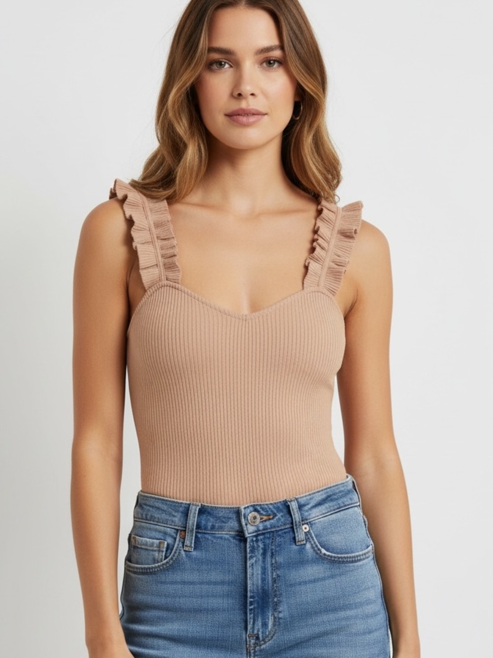 1.4.3. Story by Line Up Tan Nude Ribbed Ruffle Strap Bodysuit - Size Medium